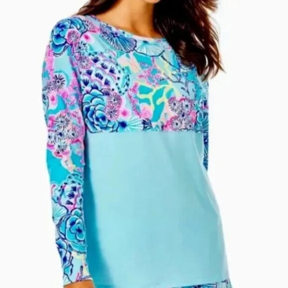 Lilly Pulitzer Vibrant Blue and Pink Floral Long Sleeve Top